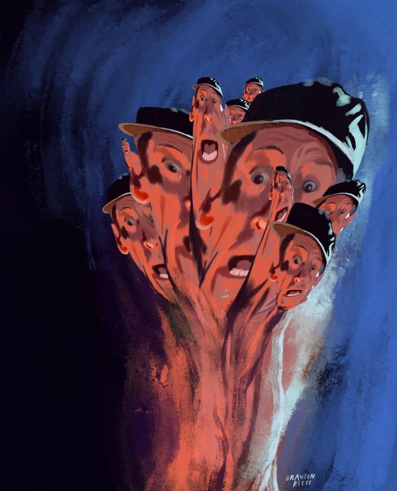 Digital painting of Jim Varney from Ernest Scared Stupid (John Cherry, 1991) distorted like a creature from Hell. He's got multiple heads like the hydra. I was sort of going for a George H.W. Bush era horror poster. 