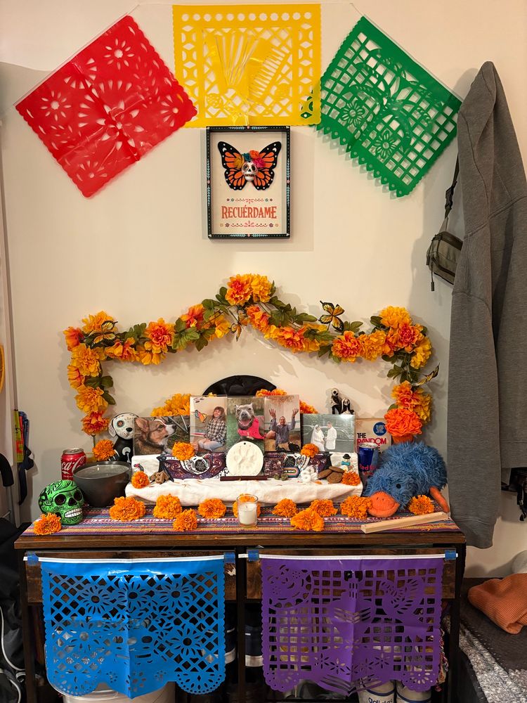 My family’s alter or ofrenda bordered with marigolds, real and paper, offerings to each family member, momentos that remind us of them 