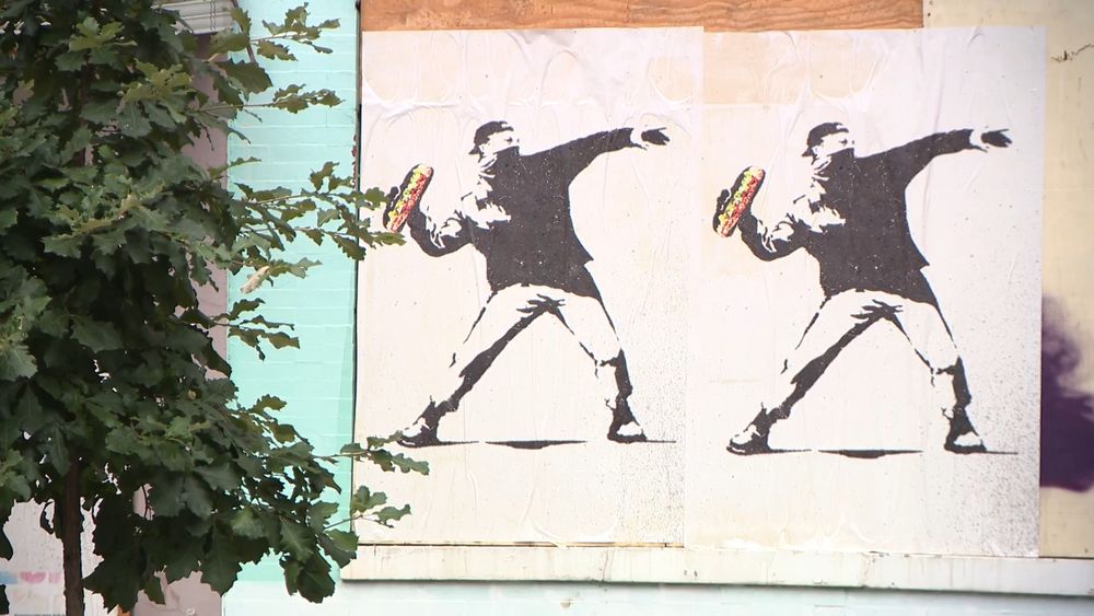 Banksy style image of protester throwing a submarine sandwich