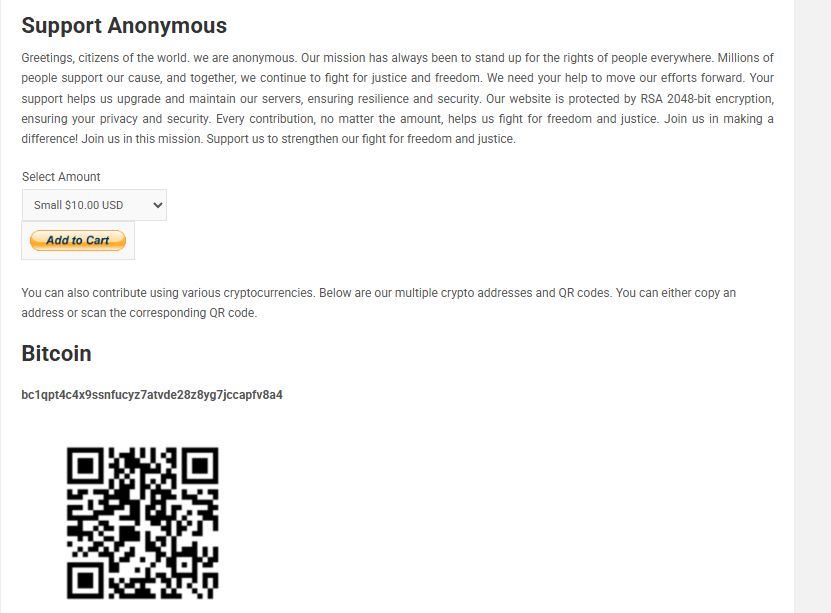 screencap of anonymoushackers dot net where they're asking for donations, including in bitcoin.