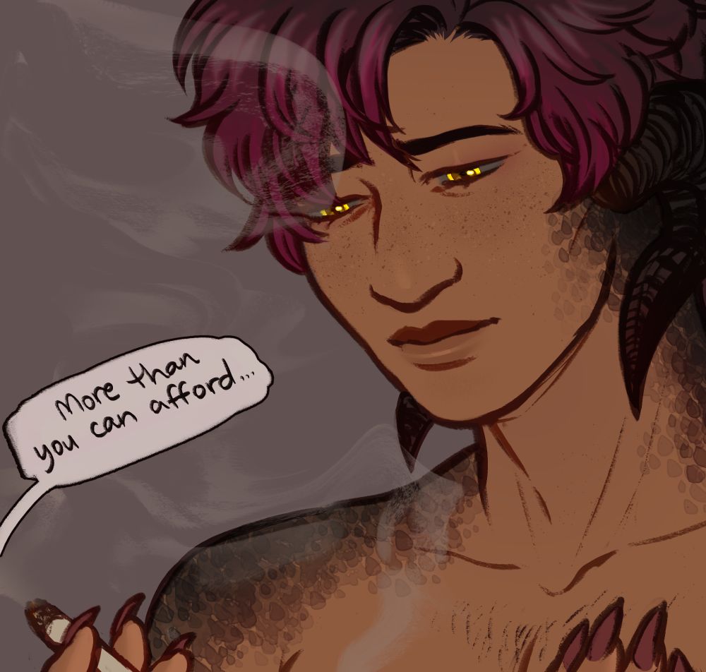 A digital illustration from part of a short comic I made. This panel shows Jenshi looking down at an off-screen character with a soft smile and a bit of a sad look in his eyes; like he's looking at someone he loves so deeply, but knows he can't be with. There's smoke floating through the air and part of the other character's hands are shown, one holding a cigarette, one resting on Jenshi's chest. The out of context speech bubble says "More than you can afford." 