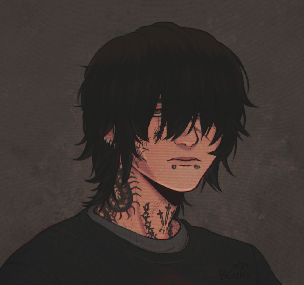 a digital illustration by me of my character named osiris, affectionately referred to as ozzy most of the time. he is a trans man, and also a werewolf because we love transformations and body horror in this house. he is very pale with a lot of tattoos. he has three swords, chains, and centipedes tattooed on his neck, and a spider web with a spider on his cheek. he has three ear lobe piercings and two spiked piercings on his bottom lip (snake bites). he has dark, straight hair thats medium length and covers most of his eyes and upper face. he has a deadpan expression. 