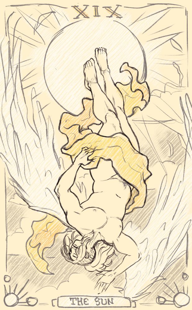 A digital illustration by meof my FFXIV OC, Jenshi, depicted in a tarot card drawing for the major arcana, The Sun. He is shown fully nude and falling away from the sun, upside down with wings outstretched. Jenshi is smiling and holding a long cloth that's loosely wrapped around him and obscuring his groin with his other hand up by his head, palm open towards the viewer. 

The Sun as a card represents radiance and success, typically seen as a card bearing good news or affirming that someone is on the right path. 

The overall symbolization for Jenshi is his own radiance, and some parallels with the self-destruction of Icarus; not out of arrogance but his willingness to do nearly anything to help someone else even to his own detriment. 

My idea with this illustration is that if the card is pulled upright, Jenshi is seen falling away because he's not needed, or perhaps he's already done his job for good tidings. 

But if the card is pulled reversed (which is typically a negative meaning), Jenshi would look like he's flying upwards, swooping in to provide support. 

The sketch overall is monochrome and yellow/golden in color. 
