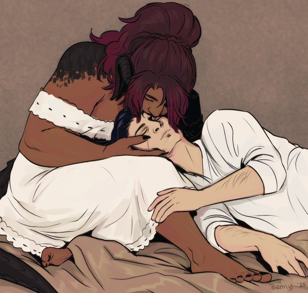 A digital illustration by me, partly a trace-over with some adjustments. The original image shows a woman in a white dress cradling a man who has his head resting in her lap. Her hand grasps his face as she curls over him to kiss his brow bone area. He rests peacefully with his eyes closed and one hand over her outstretched leg. 

My version includes my FFXIV character, Jenshi, in place of the woman; he is wearing a more simplified white dress. The man in the original image is replaced with my partner's FFXIV character, Tarin. They are in the same pose and have the same expression, though Jenshi is quite a bit larger than Tarin, so I adjusted the sizing. 