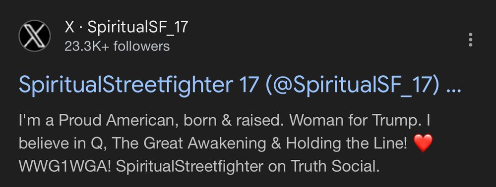 Screenshot of a user bio on X that says: I'm a Proud American, born & raised. Woman for Trump. I believe in Q, The Great Awakening & Holding the Line! WWG1WGA! SpiritualStreetfighter on Truth Social.