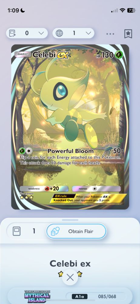 Screenshot of Pokémon TCG Pocket, showing the new Celebi ex Immersive Art card.