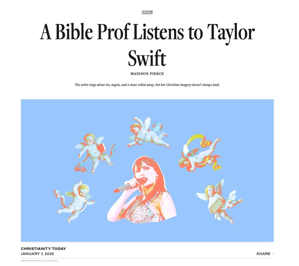 The title and art for the article. The title is "A Bible Prof Listens to Taylor Swift" and the art is Taylor on a blue background with cherubs around her.