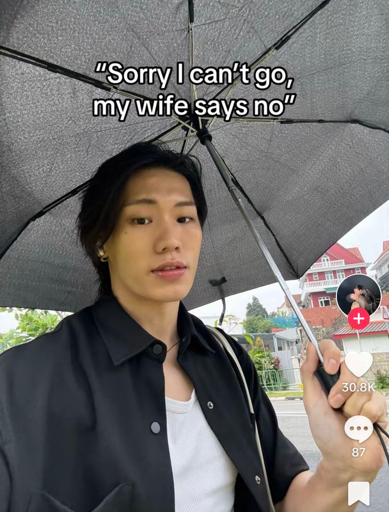a tiktok first slide
"Sorry I can't go my wife says no"