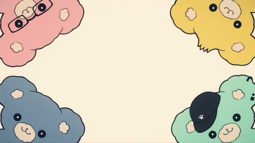 four drawn plushie bears of different colours (pink with glasses, blue, turquoise with piercings and a cap, yellow with hair) looking at the viewer from each corner of the picture.
from play it cool, guys!, official art from the mangaka.