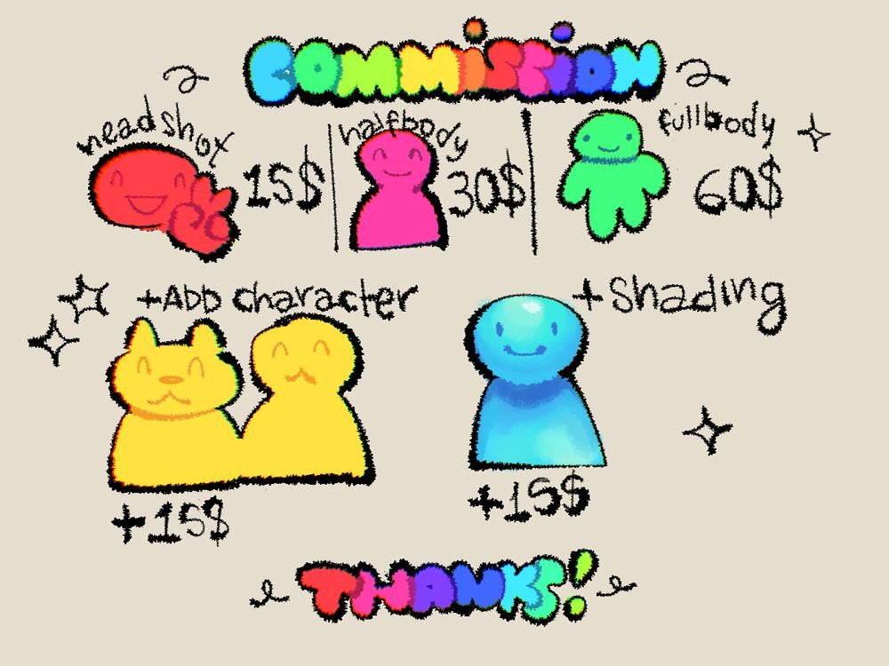 Commission

Headshot 15$ | halfbody 30$ | fullbody 60$

add character/shading +15$

Thanks!