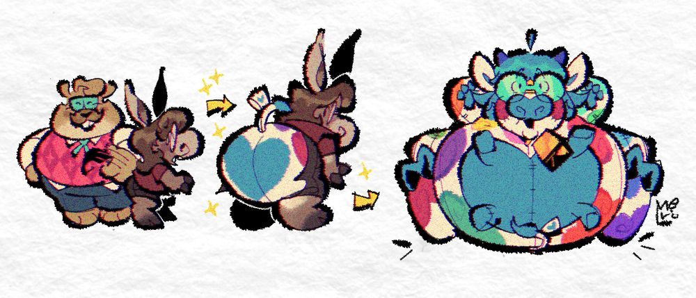 big ol' papa beaver pulling and putting a tag on a donkey tail and turning him into a giant plushie cow for his new herd