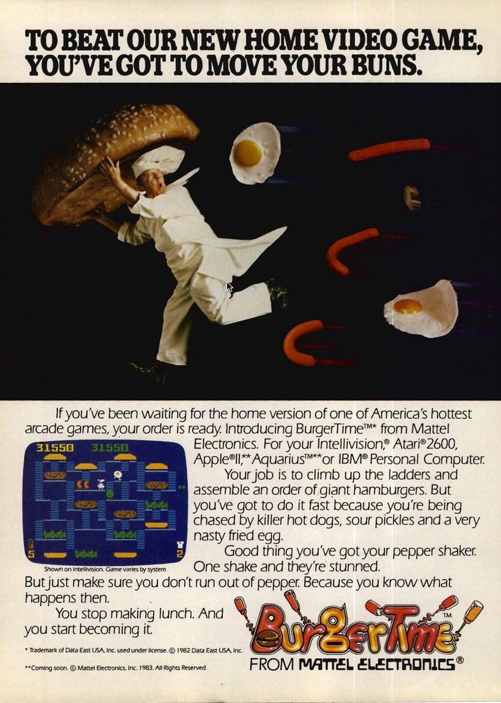 Ad for Mattel Electronics BurgerTime that shows a chef fleeing from fried eggs, hot dogs, and a pickle.