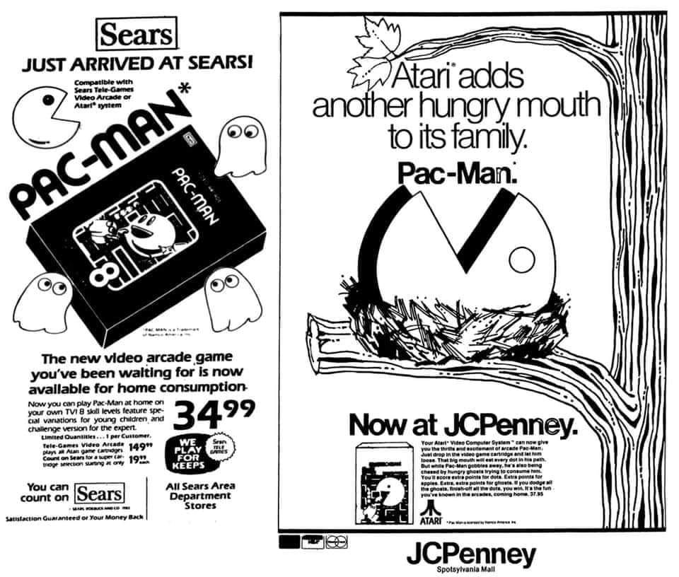 Sears and JCPenney newspaper ads for the release of Atari 2600 Pac-Man.