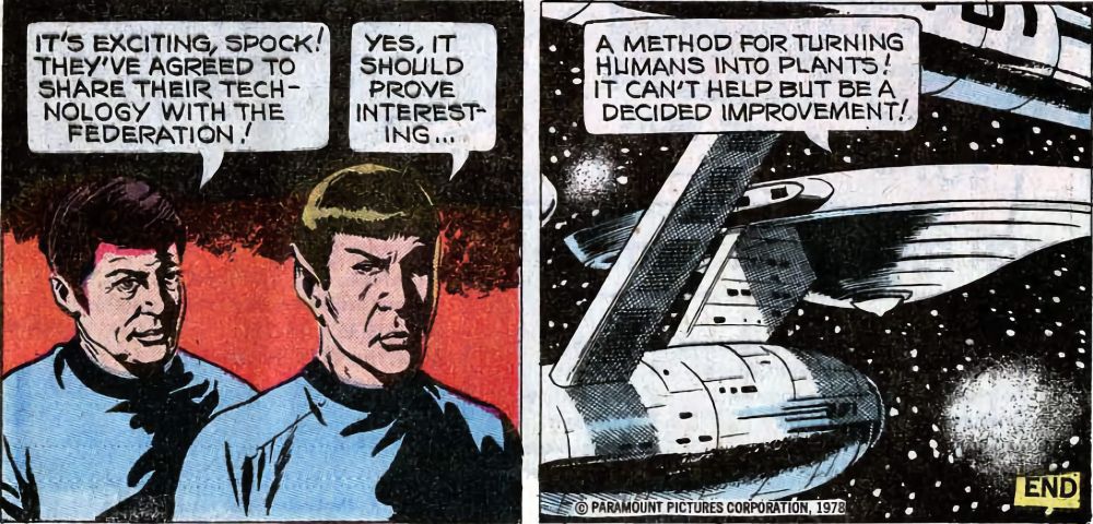 Spock muses about turning humans into plants in Gold Key Star Trek #60, February 1979: "The Empire Man."