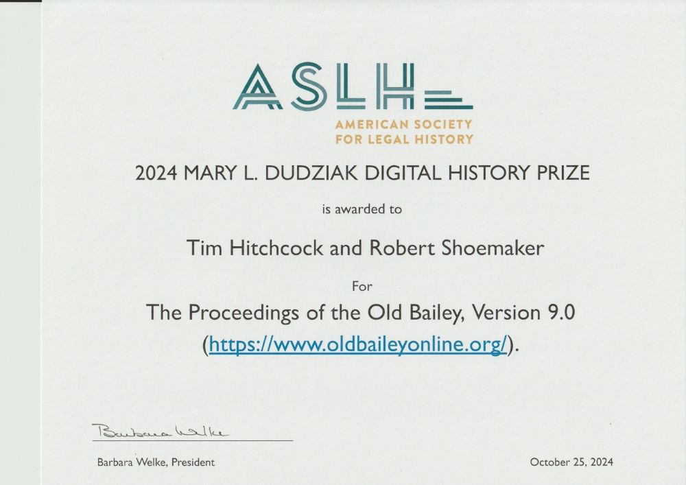 A formal certificate headed ASLH, with details of the Mary L. Dudziak Digital History Prize. It is signed in the bottom left, and dated October 25, 2024 in the right hand corner