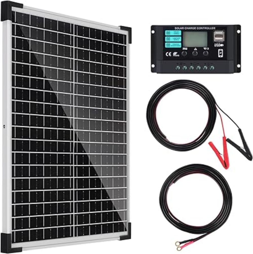 TBER Solar Panel Kit 25W 12V, Solar Battery Charger with 10A Charge Controller and Extension Cables with Battery Clips O-Ring Terminal for Car Motorcycle RV Marine Boat Camper Other Off Grid System