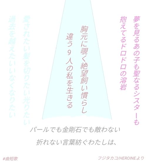 夢を見るあの子も聖なるシスターも
抱えてるドロドロの溶岩

愛されたい髪を切りたい光りたい
過去を越えたいいなくなりたい

胸元に覗く絶望飼い慣らし
違う9人の私を生きる

パールでも金剛石でも敵わない
折れない言葉紡ぐわたしは、

#曲短歌
フジタカコ/HEROINEより