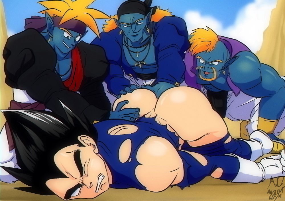 Vegeta laying on the ground with his clothes shredded, grimacing as Bojack shoves a finger into his ass after a battle, Kogu and Bido are watching and Kogu is also feeling Vegeta's ass