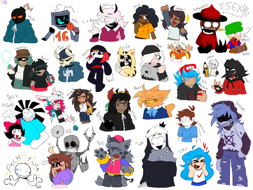 characters from left to right, top to bottom:
Whitty, Hex, Selever (Mid-Fight Masses), Carol, Sunday, Bambi & Expunged (Dave & Bambi), Garcello & Annie (Hazy River), Tabi (VS EX Boyfriend), Nikku (Hotline 024), Lia (VS NekoFreak), Ruby (Starlight Mayhem), Pom Pom, Big Brother, Sketchy, Agoti (Entity), Boy 'n' Girl (Twinsomnia), Skarlet Bunny (Graffiti Groovin'), Ayana (VS EX Girlfriend), Theo (Friday Night Mashup), Abby (Maginage Matches), Nonsense, Bob, QT & KB, Kapi (Arcade Showdown), Taki (Friday Night Fever/Fever Town), Sky, Yourself (Hit Single Real)