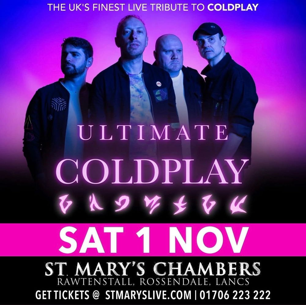 An advert for a show by a Coldplay tribute band, featuring the band members. One of the members looks like, if you asked him what his favourite band is, he’d reply ‘I don’t like music’