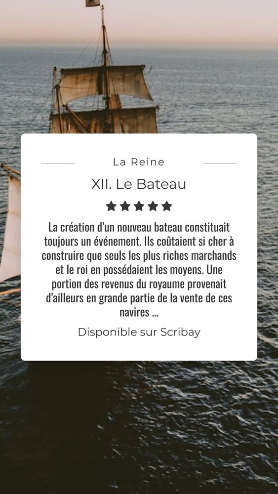 Voilier ancien en haute mer. Le texte dans l'encadré : La création d’un nouveau bateau constituait toujours un événement. Ils coûtaient si cher à construire que seuls les plus riches marchands et le roi en possédaient les moyens. Une portion des revenus du royaume provenait d’ailleurs en grande partie de la vente de ces navires aux nations qui ne savaient pas les produire, en particulier la Hanse de la Vunci. Mais cet aspect du commerce répugnait à Brun. Il avait l’impression que l’Orvbel se dépouillait d’une partie de sa puissance au profit d’éventuels ennemis. Il préférait les louer avec leur équipage. Malheureusement, avec à peine plus de dix mille habitants, ses options étaient restreintes. Et il devait bien se résoudre à les céder. En tout cas, il veillait à ce que les seuls bateaux exportés fussent armés pour le commerce. Les navires de guerre, il se les réservait. Et seul le palais avait le droit d’en construire. Là encore, la petite taille du royaume limitait son importance.