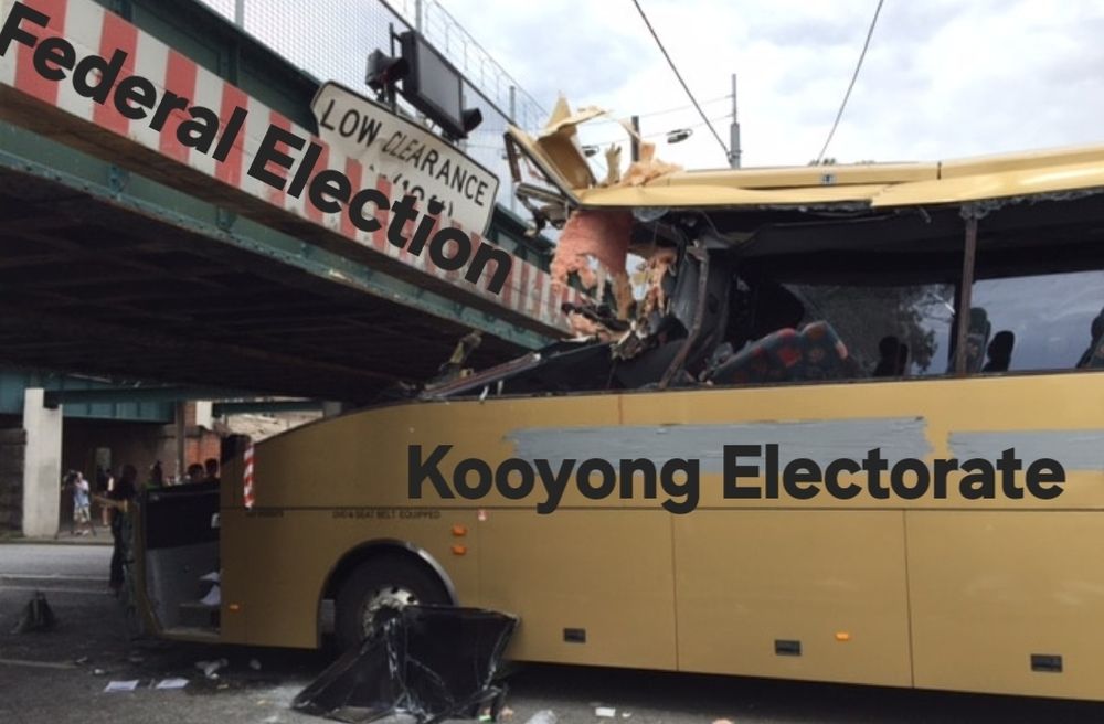 Kooyong electorate, depicted as a bus, being smashed by the Federal Election, depicted as the Montague Street Bridge 