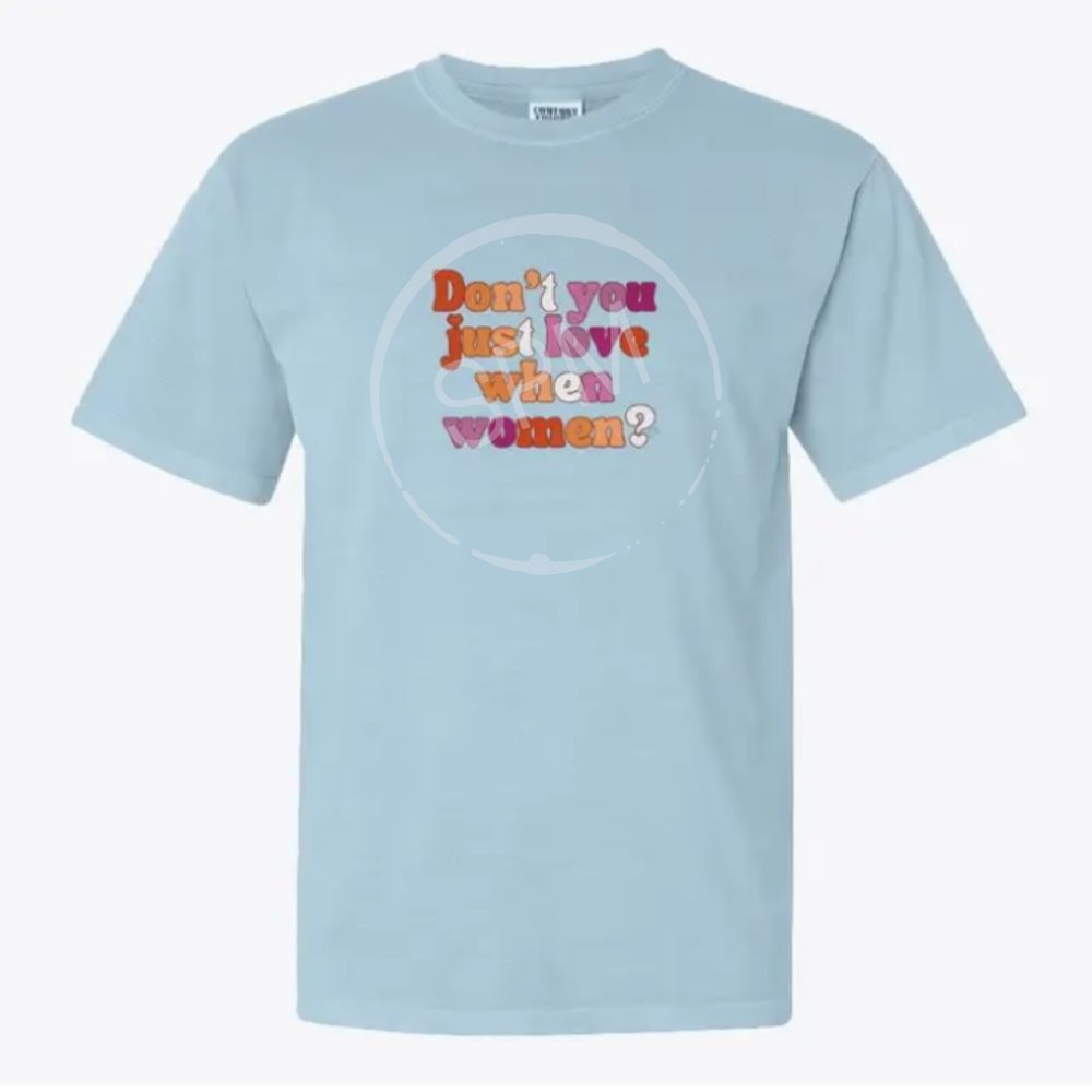 A light blue t-shirt with the words "Don't you just love when women?" in the colors of the lesbian pride flag.