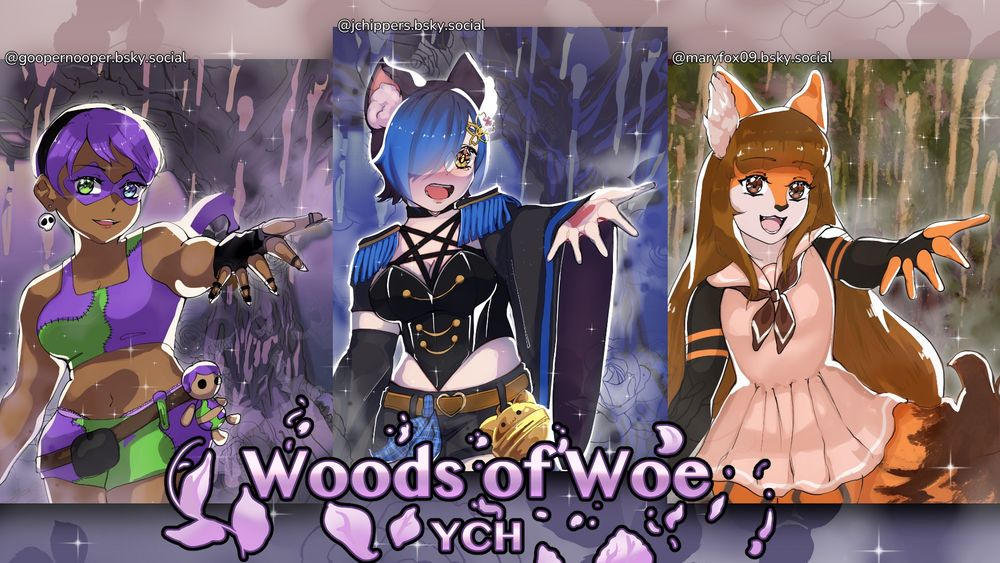 Three anime portraits of girls holding their hand out to you from mystical woods 
