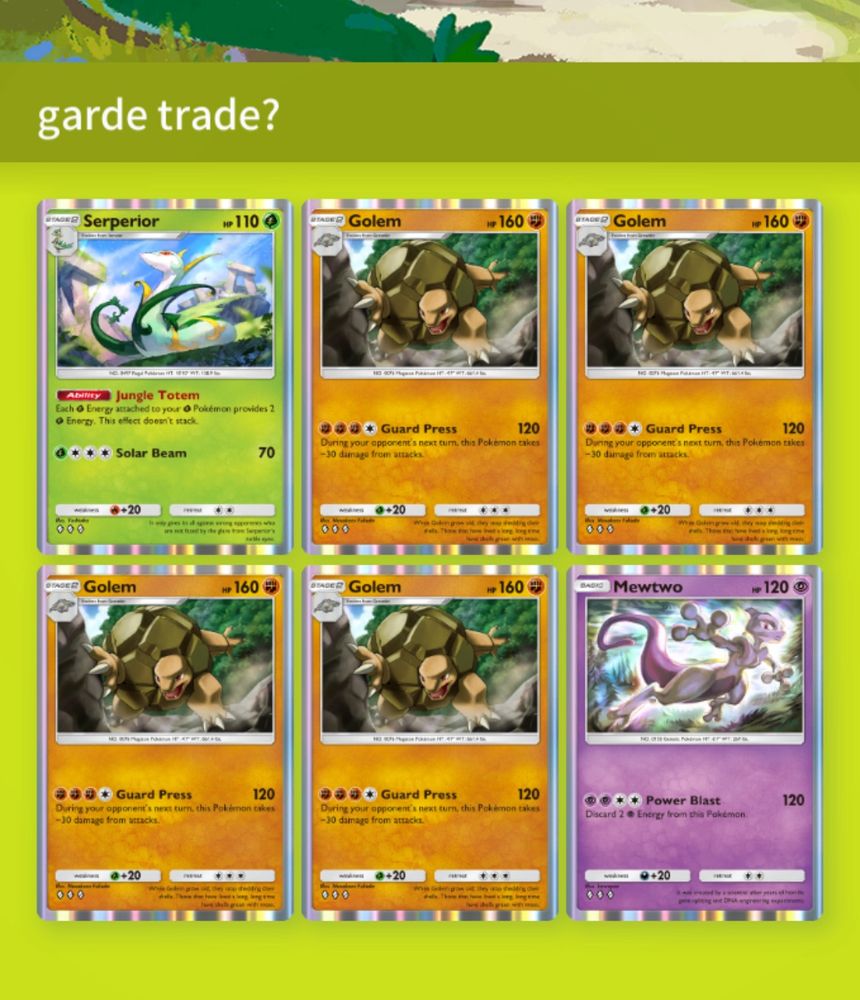 A Pokemon TCG Pocket screenshot of my binder titled “garde trade?” containing 1 Mythical Island Serperior, 4 Mythical Island Golem, and 1 Genetic Apex Mewtwo.