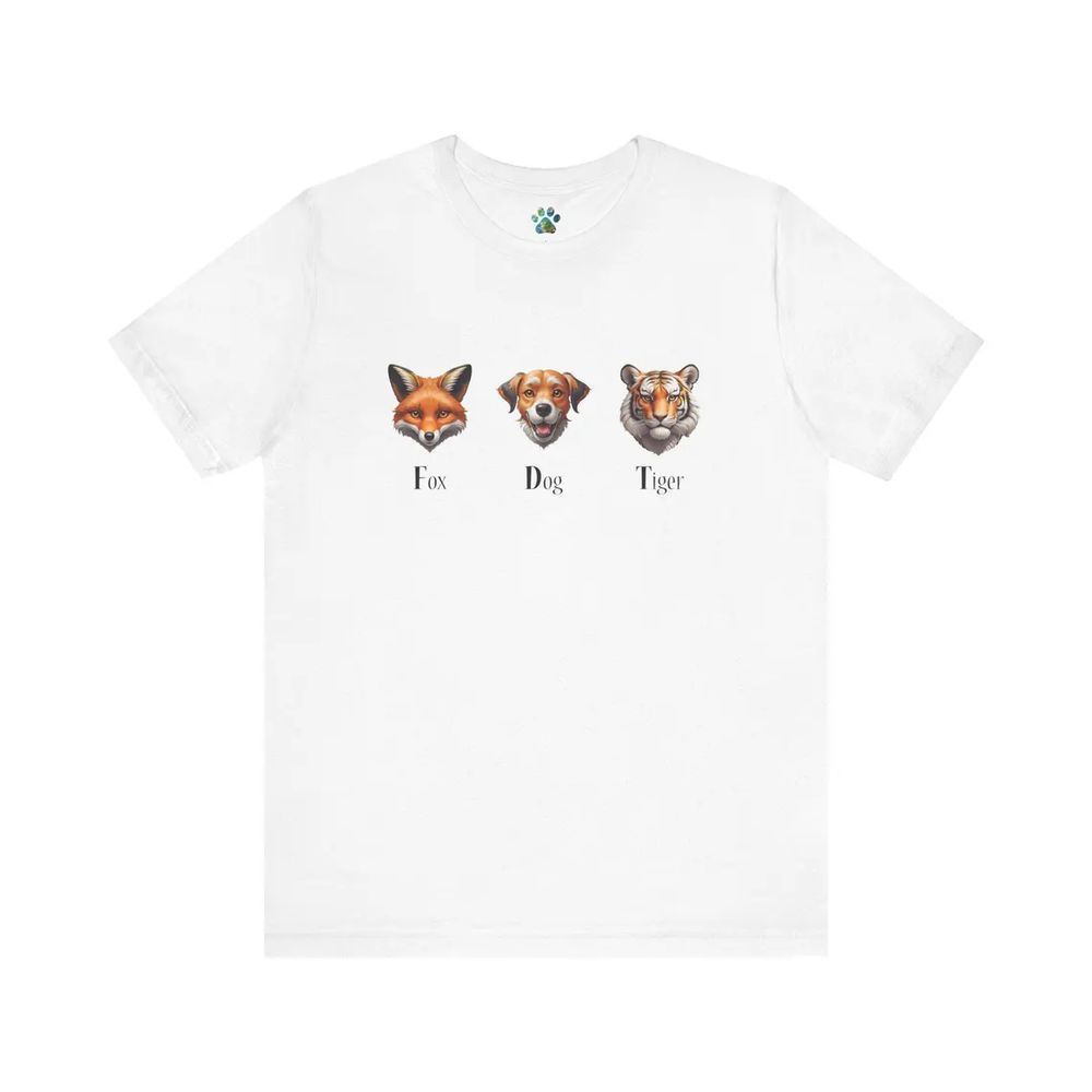 T-shirt with images and text:  Fox, Dog, Tiger