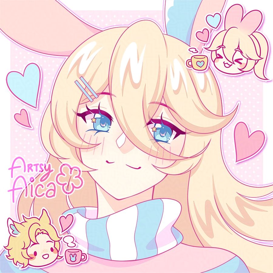 Headshot art of my character Floo. She is smiling. There are chibi artworks of her and Taiyou in the upper right and lower left corner respectively. They are both smiling with a cup of hot choco.
