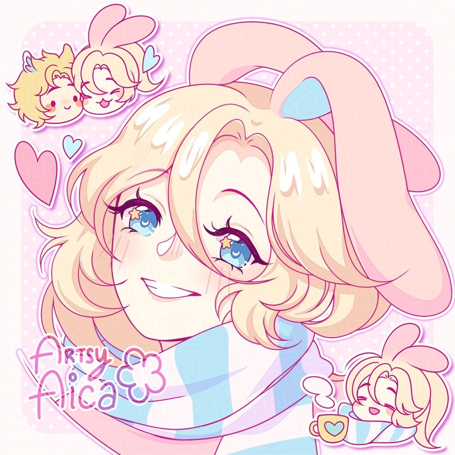 Headshot art of my character Floo. She is smiling. There is a chibi art of her and Taiyou in the upper left corner. They are both smiling happily. There is a chibi of Floo in the lower left corner. She is smiling contently with a cup of hot choco.