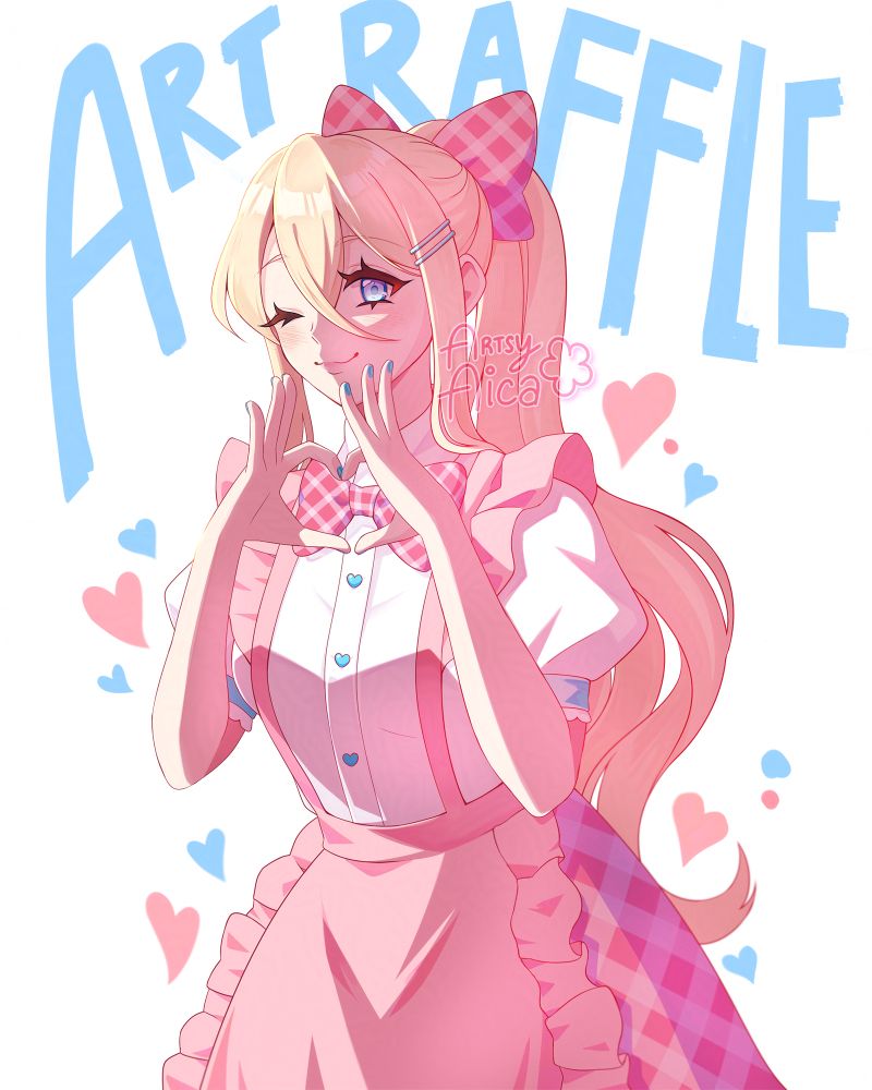 Half-body drawing of my character Floo. She is smiling and winking while making a heart sign with her hand. There are hearts around her. Behind her there is a text that says "Art Raffle"