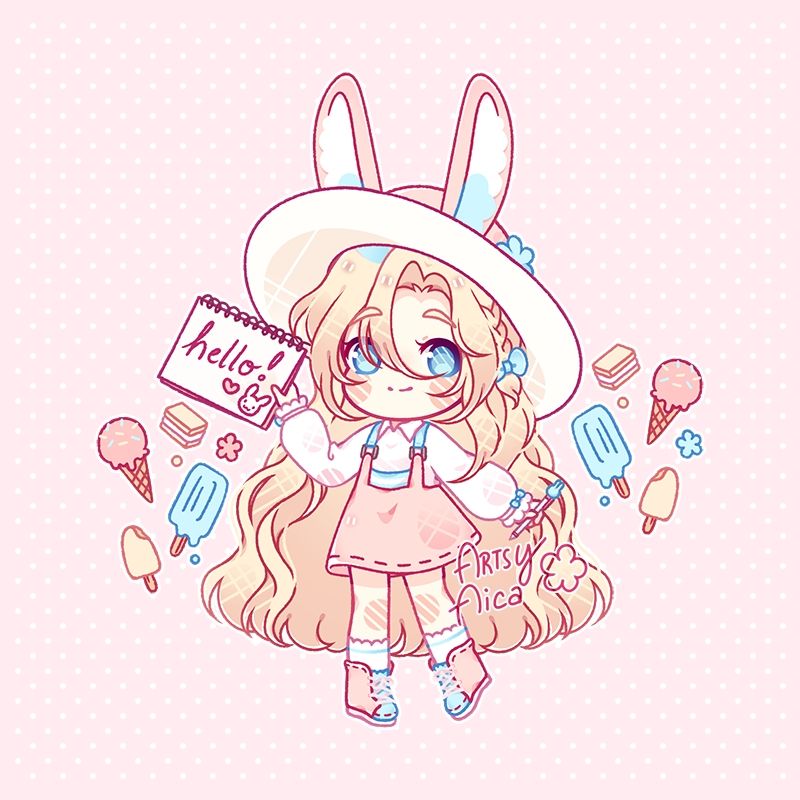 Chibi art of my character Floo. She is smiling and holding a sketchbook that says hello! There are icecreams and flowers around her.