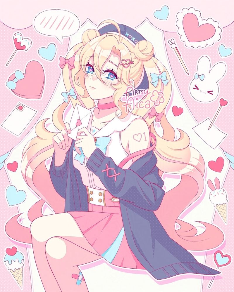 My drawing of my OC Floo in Hatsune Miku's Sailor Suit in Love outfit. This was drawn for a MikuxOC Collab hosted by shironuko_chan and sleepy.lammy on IG. My OC Floo is sitting down and holding a love letter. She has a shy expression. There are sweets, hearts, letters and pens floating around her. There are pink curtains behind her. 