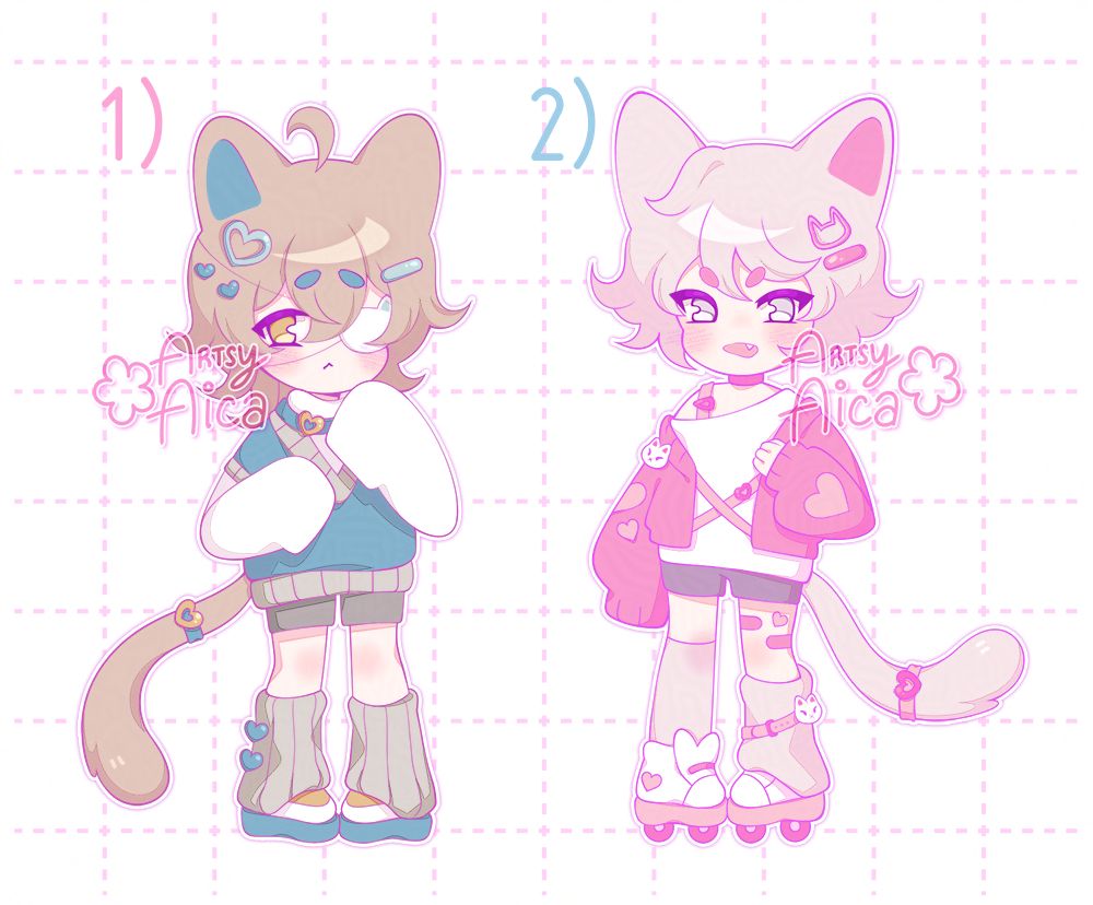 Nekomimi adoptable designs. The left design has a brown, teal and beige color palette. The character looks shy and is holding their hands up in front of them. The right design has a pink and beige color palette. The character has a grumpy expression and has one hand on their cardigan. 