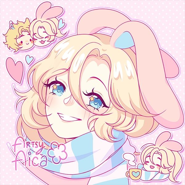 Headshot art of my character Floo. She is smiling. There is a chibi art of her and Taiyou in the upper left corner. They are both smiling happily. There is a chibi of Floo in the lower left corner. She is smiling contently with a cup of hot choco.