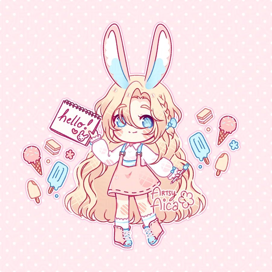 Chibi art of my character Floo. She is smiling and holding a sketchbook that says hello! There are icecreams and flowers around her.