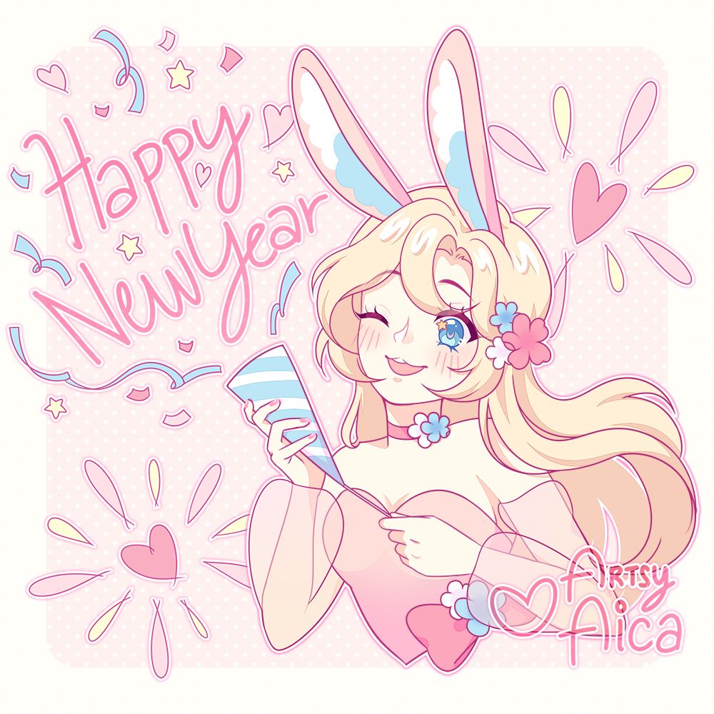 Art of my character Floo. She is holding a party popper with stars, confetti and hearts coming from it. There are fireworks behind her. Written in the upper left corner is "Happy New Year" 	