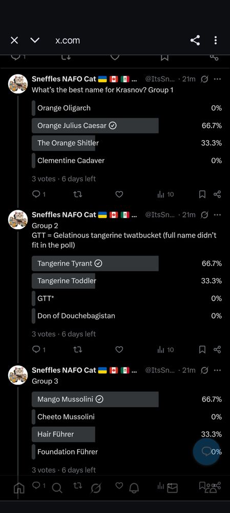 Group 1
Orange Oligarchs
Orange Julius Caesar
The Orange Shittler
Clementine Cadaver

Group 2
Tangerine Tyrant
Tangerine Toddler
Gelatinous Tangerine Twatbucket
Don of Douchebagistan

Group 3
Mango Mussolini
Cheetoh Mussolini
Hair Furer
Foundation Fuherer
