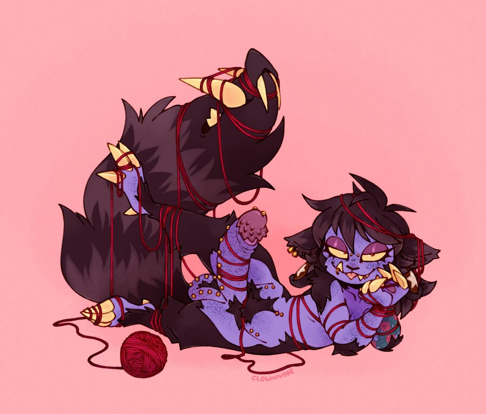 a drawing of a blue and black anthro cat character laying on the ground in front of a pink background. there is a ball of yarn on the ground next to him and he's tied up in it with a massive erection 