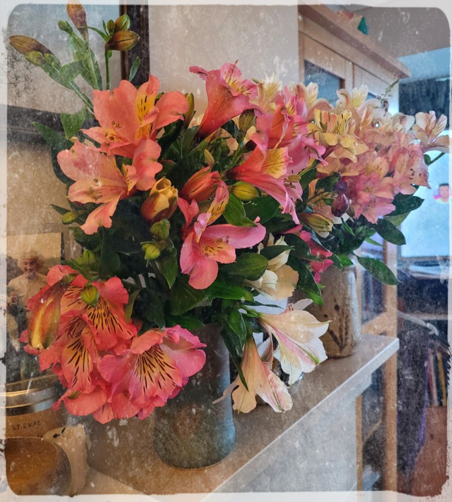 Pink, yellow, white colours of alstromeria flowers in two vases