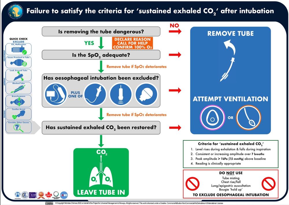 Algorithm for the circumstance in which the criteria for sustained exhaled CO2 are unable to be satisfied. 

4 questions: 

1. Is removing the tube dangerous?
2. Is the SpO2 adequate?
3. Has oesophageal intubation been excluded?
4. Has sustained exhaled CO2 been restored?

If answer to ANY question is ‘NO’ then remove tube & ventilate with an alternate device.

If answer to ALL questions is ‘YES’ tube may be left in situ. 

DO NOT USE CLINICAL SIGNS TO EXCLUDE OESOPHAGEAL INTUBATION 

Criteria for sustained exhaled CO2:
1. Level rises during expiration & falls during inspiration

2. Consistent or increasing amplitude over at least 7 breaths

3. Peak amplitude > 1kPa (7.5mmHg)

4. Reading is clinically appropriate 