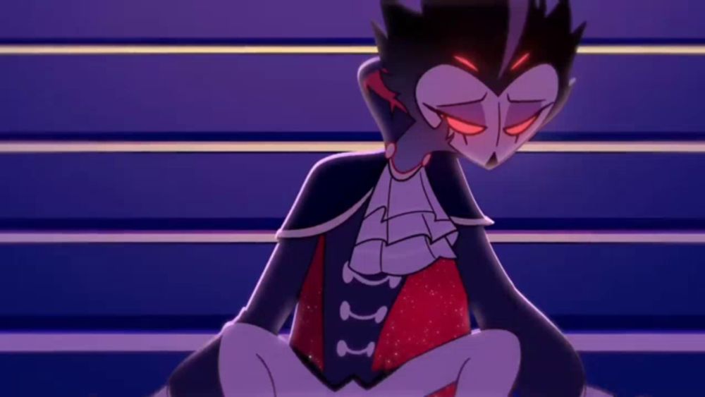 a cartoon character with red eyes and black hair is sitting on a staircase .