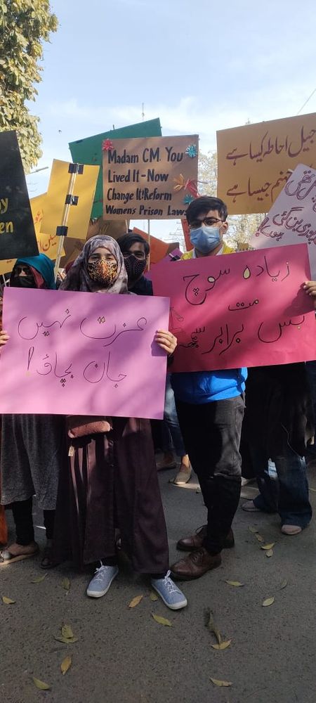 My sister and I holding placards during Aurat March in Lahore.

The signs are written in Urdu. My sister is holding a sign that says: "Izzat nahi, jaan bachao", which means "Save lives not honour" I am holding a sign that says: "Ziyada soch mat bas barabar samajh", which means "Don't think too much, just think of all as equals".