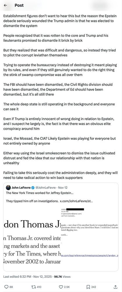 Screenshot with the text: 'Moving on: Critique of Elites & Institutions.

@AuronMacintyre wrote: 

"Establishment figures don’t want to hear this but the reason the Epstein debacle seriously wounded the Trump admin is that he was elected to dismantle the system 

People recognized that it was rotten to the core and Trump and his lieutenants promised to dismantle it brick by brick 
..."'