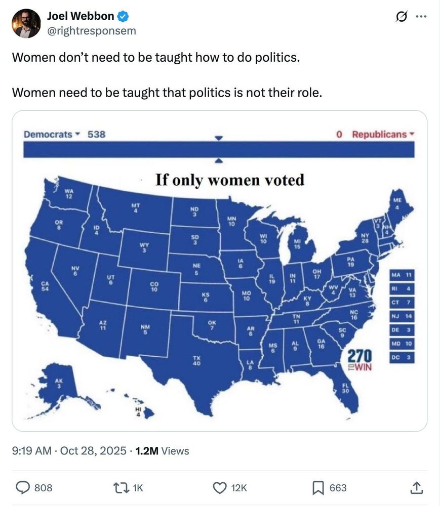 Screenshot with the text: 'Next up: Women’s Roles Critique.

@rightresponsem wrote: 

"Women don’t need to be taught how to do politics. 

Women need to be taught that politics is not their role. https://t.co/yEs7623phU"'
