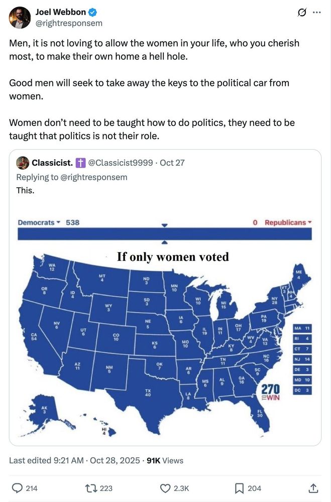 Screenshot with the text: '@rightresponsem posted: 

"Men, it is not loving to allow the women in your life, who you cherish most, to make their own home a hell hole. 

Good men will seek to take away the keys to the political car from women. 

Women don’t need to be taught how to do politics, they need to be taught that politics is not their role."'