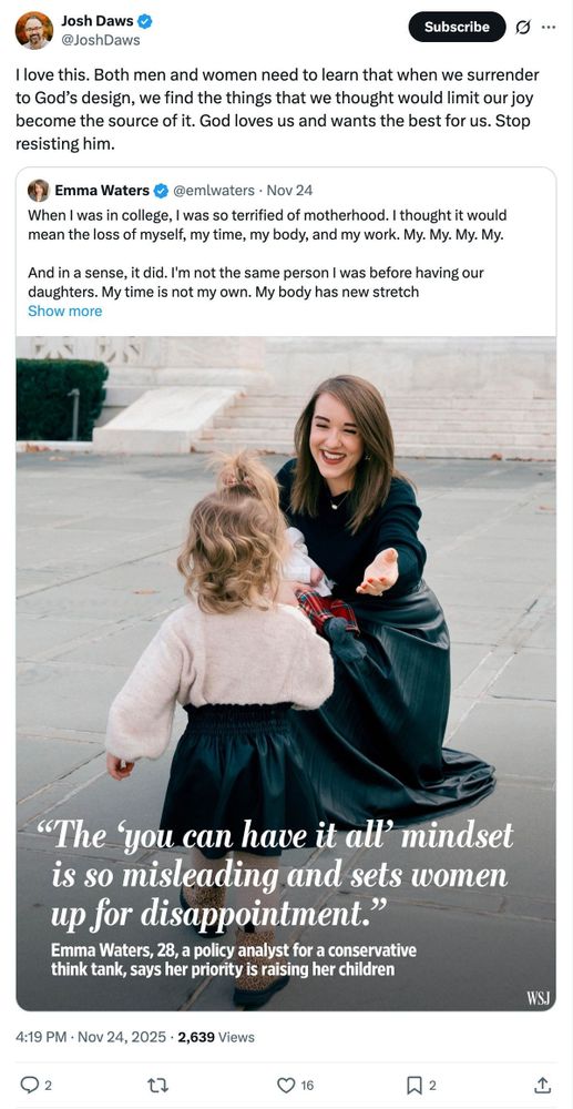 Screenshot with the text: '@JoshDaws wrote: 

"I love this. Both men and women need to learn that when we surrender to God’s design, we find the things that we thought would limit our joy become the source of it. God loves us and wants the best for us. Stop resisting him."'