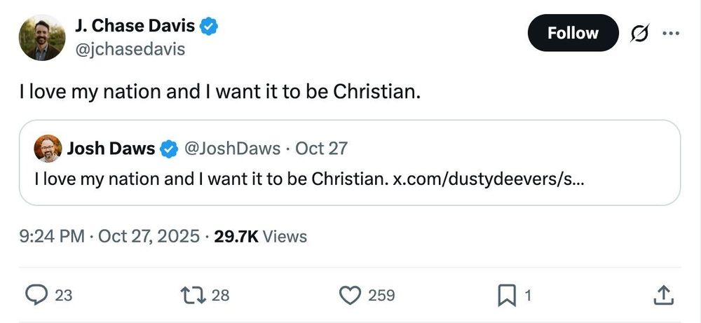 Screenshot with the text: '@jchasedavis said: 

"I love my nation and I want it to be Christian."'